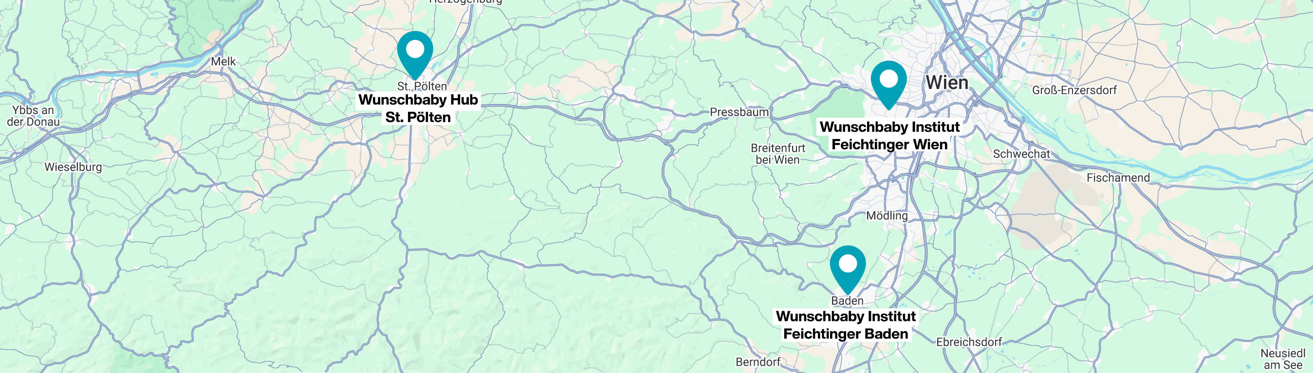 Kinderwunsch-Standorte Wien, Baden und St. Pölten auf der Österreich-Karte
